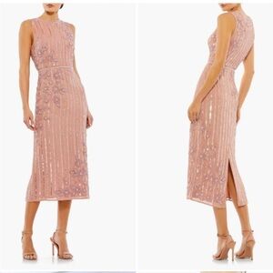 NWT Mac Duggal Size 14 Sequin Stripe in Rose with Floral Appliqué 7260